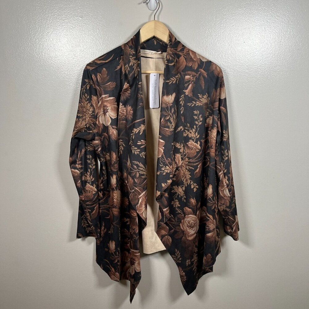 Soft Surroundings Shape Drape Faux Suede Jacket Floral Large Black Brown
